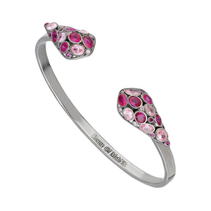 beautiful sterling silver, cuff bracelet adorned with pink and red cubic zirconia.