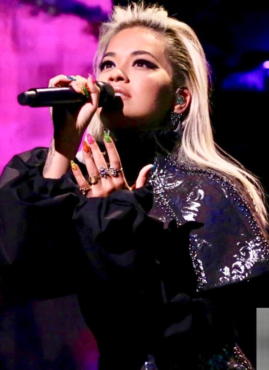 Rita Ora British pop star performing in New York, wearring House Of MahNik Jewelry in Black Onyx.