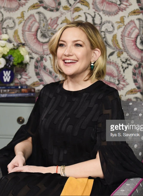 Kate Hudson was spotted wearing House Of Mahnik Semiramis green earrings at the interview with access Hollywood. 