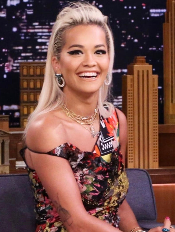Rita Ora the British singer was spotted wearing House of MahNik, Artemia earrings in the emerald green at the Jimmy Fallon's Tonight show in New York.