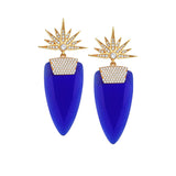 Sapphire blue earrings with gold details.