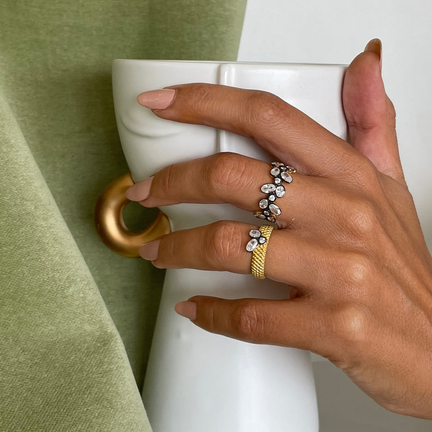 Stackable gold rings.