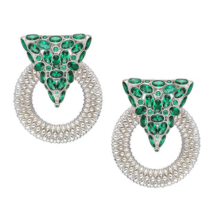 Casa Milla Inspired silver earrings in the 24K white gold plated adorned with emerald green zirconia.