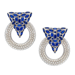 Casa Milla Inspired silver earrings in the 24K white gold plated adorned with Sapphire blue zirconia.