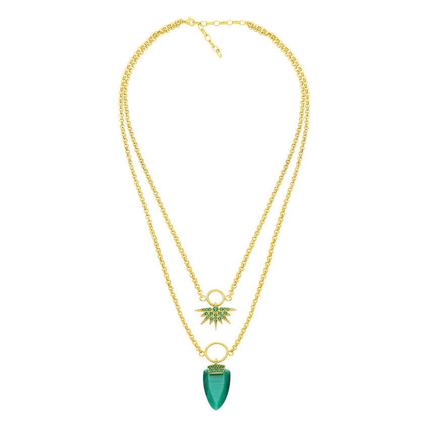 Double chain necklace adorned with emerald green stone.