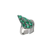Sterling Silver, adjustable ring with emerald green stones.