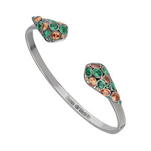 beautiful sterling silver, cuff bracelet adorned with green and brown cubic zirconia.