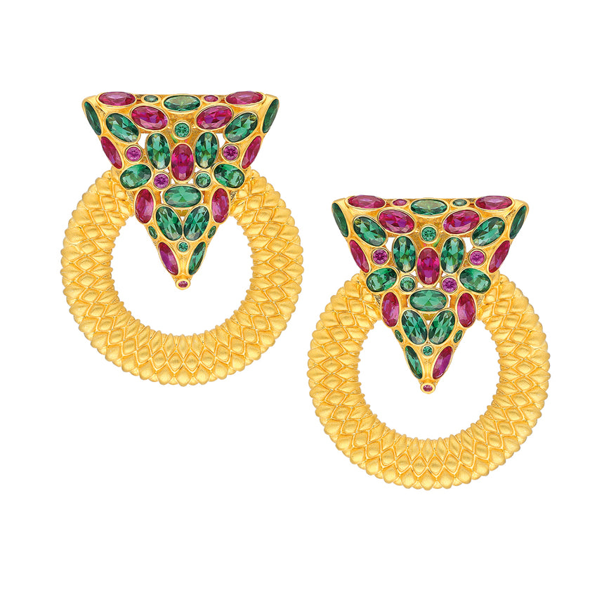 Casa Milla Inspired silver earrings in the 24K yellow gold plated, adorned with red and green zirconia.