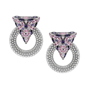 Silver earrings, adorned with pink and purple zirconia.