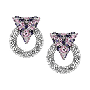 Silver earrings, adorned with pink and purple zirconia.