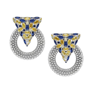 Casa Milla Inspired silver earrings in the 24K white gold plated, adorned with yellow and blue zirconia.