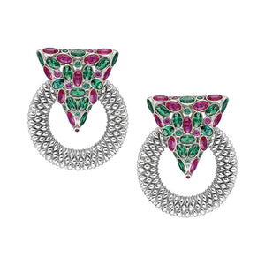 Casa Milla Inspired silver earrings in the 24K white gold plated, adorned with emerald and ruby color zirconia.