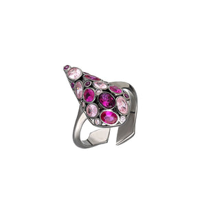 Sterling Silver, adjustable ring in black rhodium plated with red and pink cubic zirconia.